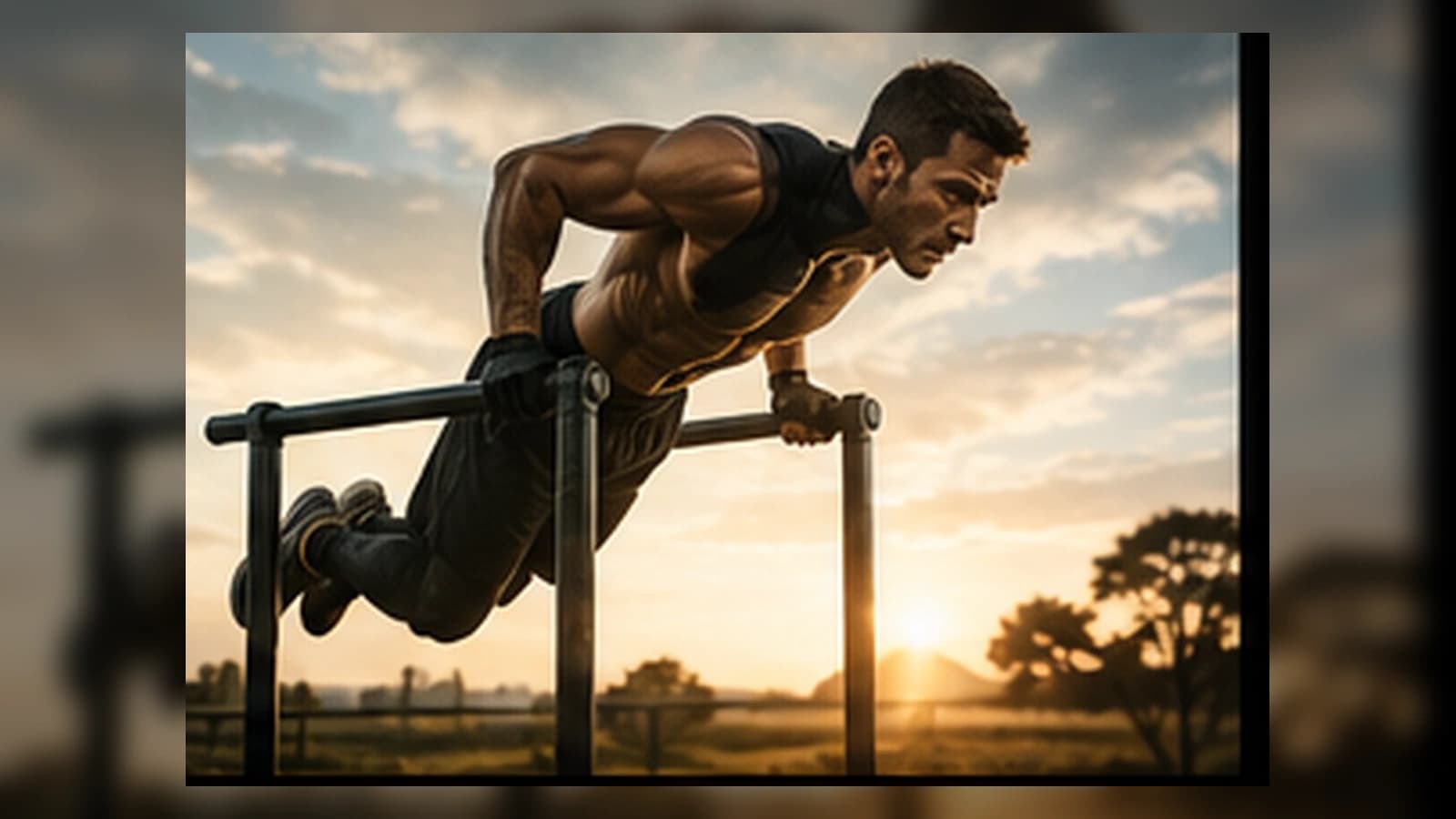 Atleta entrenando en paralelas al aire libre