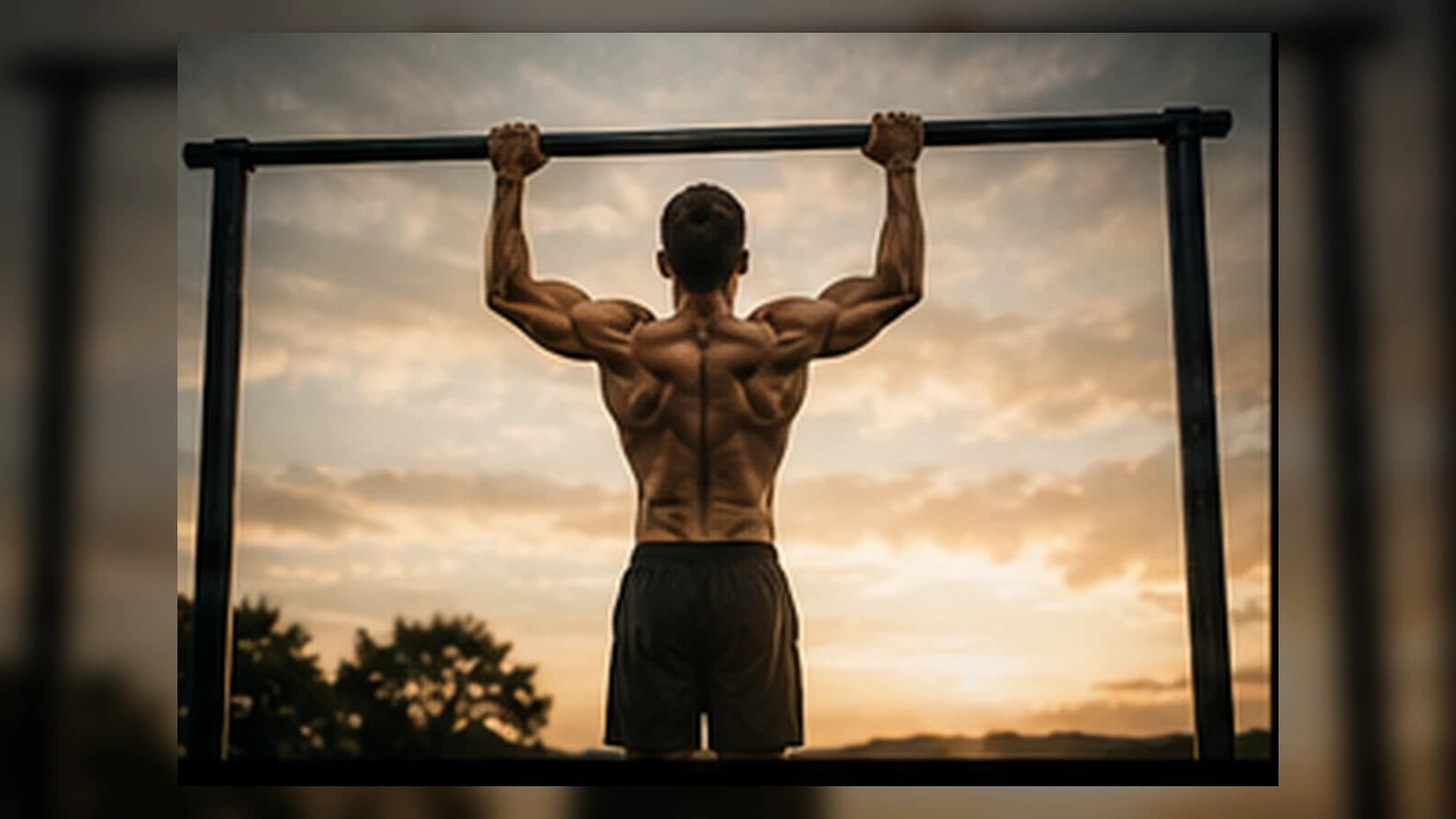 Atleta realizando dominadas al atardecer